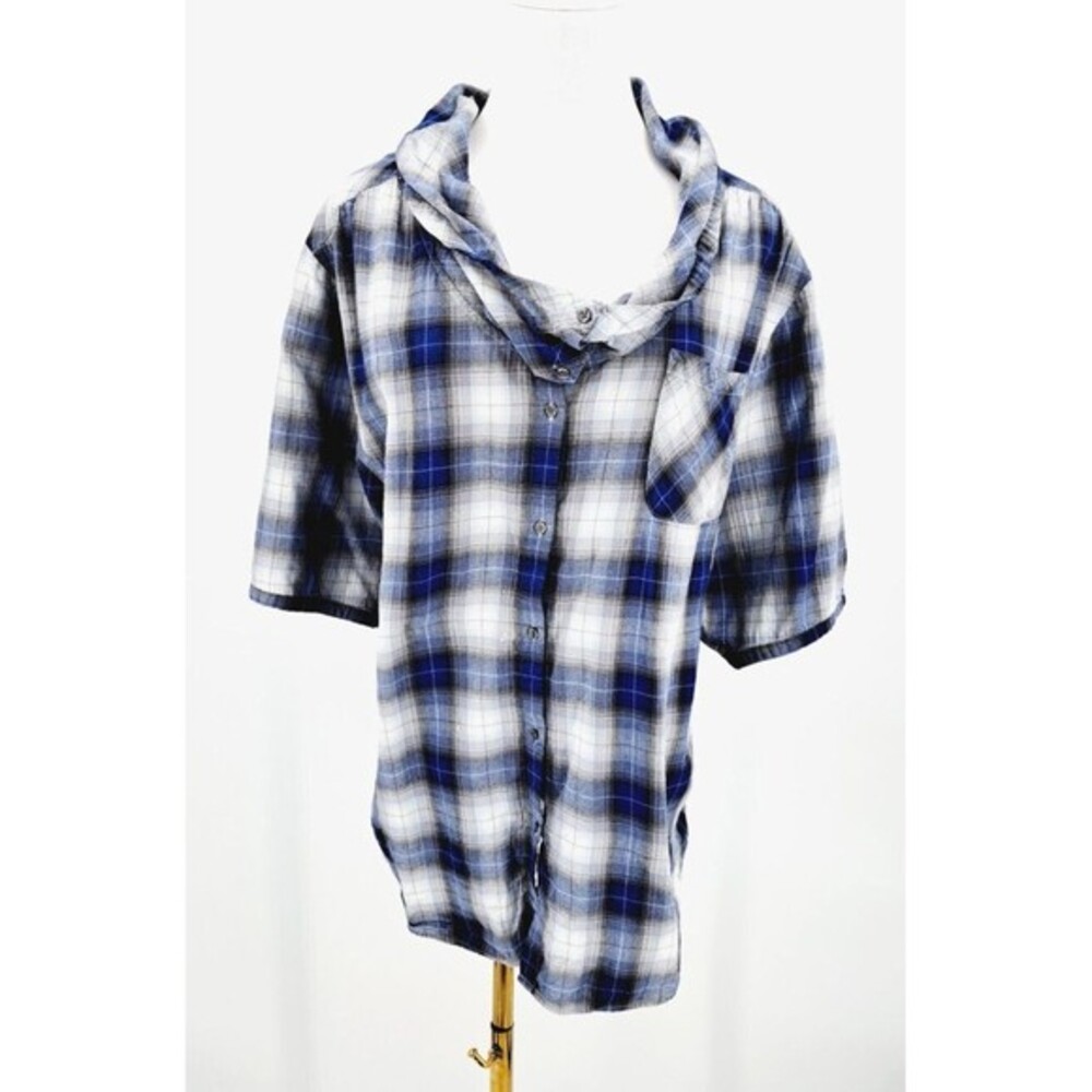 Soft Surroundings Plaid Button Down Shirt Tunic Cowl Neck Pockets Cotton P XL‎